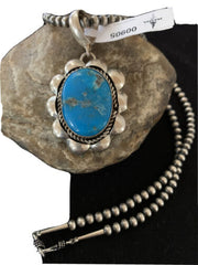 Men's Navajo Pearl Necklace with Blue Kingman Turquoise Pendant | Sterling Silver | 00905