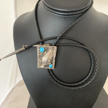 Navajo Blue Kingman Turquoise Bolo Tie | Sterling Silver | Authentic Native American Handmade | 2004