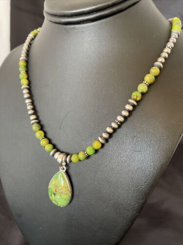 Women's Navajo Pearl Necklace with Green Mojave Turquoise Pendant | Sterling Silver | Native American Handmade | 10581