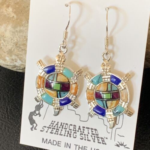 Navajo Turquoise Spiny Opal Inlay Sterling Silver Turtle Earrings | 0.5" | Handmade | 12014