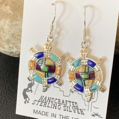 Navajo Turquoise Spiny Opal Inlay Sterling Silver Turtle Earrings | 0.5" | Handmade | 12014