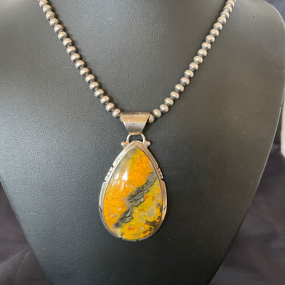 Men's Navajo Pearls Necklace with Bumblebee Jasper Pendant | Sterling Silver | Native American Handmade | 10548