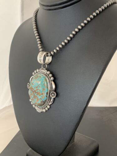 Men's Navajo Pearls Necklace Pendant | Sterling Silver | Blue Turquoise #8 | Authentic Native American Handmade | 526