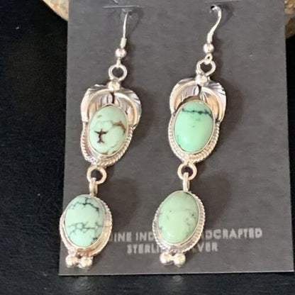 Navajo Green Spiderweb Turquoise Dangle Earrings | Sterling Silver | Authentic Native American Handmade | 13551