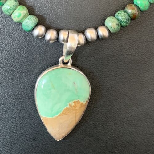 Navajo Green Turquoise Pendant Necklace | Sterling Silver Beads | Authentic Native American Handmade | 13366