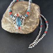 Navajo Multi-Color Blue Turquoise Coral Necklace Pendant | Authentic Native American Sterling Silver | Naja | 14371