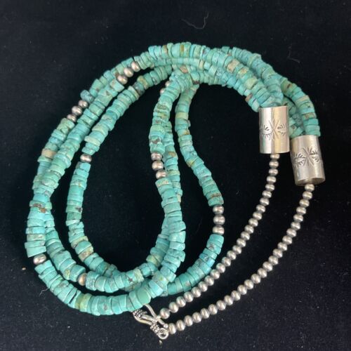 Navajo Turquoise Heishi Necklace | Sterling Silver 3 Strand 7mm | 24" | Authentic Native American Handmade | 01769