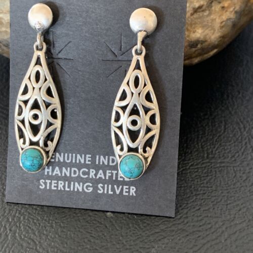 Navajo Blue Turquoise Dangle Post Earrings | Sterling Silver | 1" | Authentic Native American Handmade | 12744