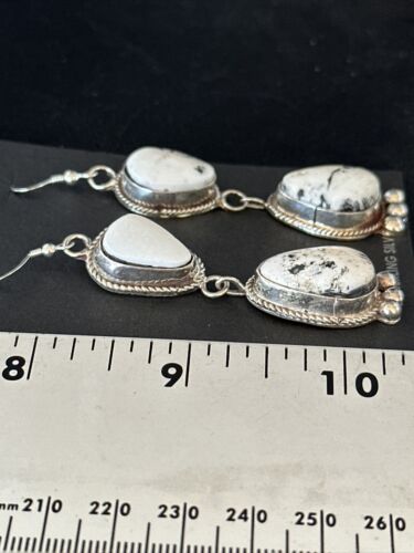 Navajo White Buffalo Turquoise Dangle Earrings | Sterling Silver | 2.5" | Authentic Native American Handmade | 14800