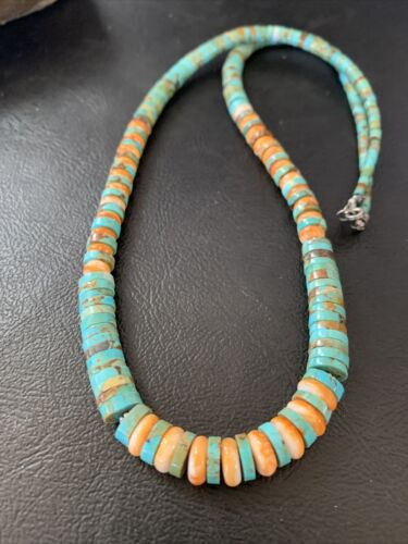 Navajo Green Turquoise & Orange Spiny Oyster Graduated Heishi Necklace | Sterling Silver | Authentic Native American | 20" | 11774