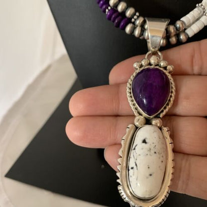 Navajo Sterling Silver Turquoise & Sugilite Beads Necklace Pendant | 23" | Multi-Strand | 01867