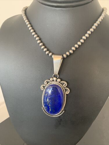 Native American Men's Navajo Pearls Necklace Pendant | Sterling Silver Blue Lapis | 1538