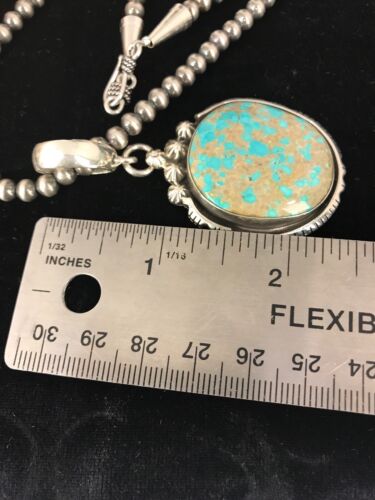 Navajo Pearls Sterling Silver Turquoise #8 Necklace Pendant | 2.5" | Signed | Authentic Native American Handmade | 3954