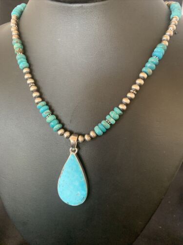 Navajo Pearl Necklace with Blue Kingman Turquoise Pendant | Sterling Silver | 11690