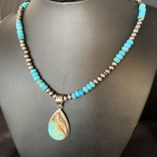 Navajo Blue Turquoise Pendant Necklace | Sterling Silver | Authentic Native American Handmade | 13828