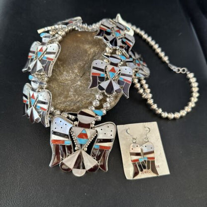 Zuni Thunderbird Turquoise Mother of Pearl Sterling Squash Blossom Necklace | Native American | 14442