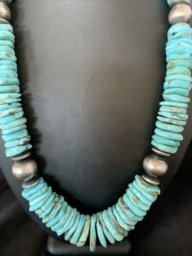 Authentic Native American Navajo Sterling Silver Necklace | Natural Turquoise #8 | Graduated Design | 28" | 13212