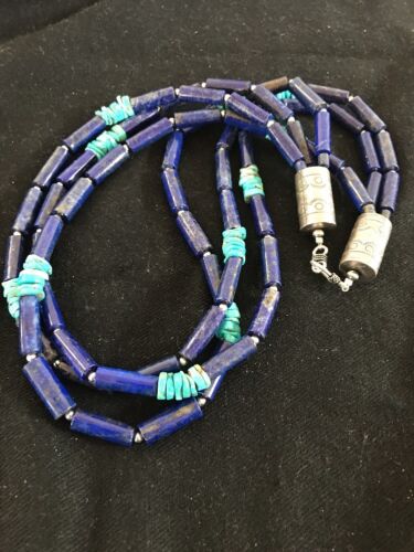 Turquoise Denim Lapis Multi Strand Navajo Necklace | Sterling Silver 23" | Southwestern | 3318 - Masha USA