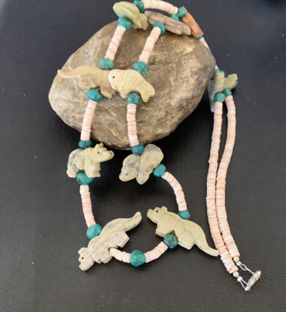 Navajo Pearls Blue Turquoise Shell Necklace | Fetish | Sterling Silver | 30" | Authentic Native American Handmade | 12555 - Masha USA