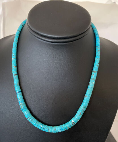 Navajo Blue Turquoise Heishi Necklace with Sterling Silver & Graduated Pearl Stab | Authentic Native American | 17" | 01184