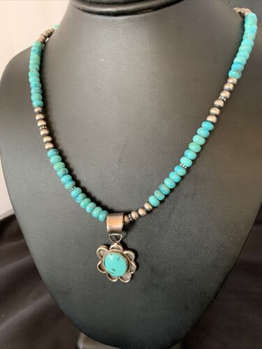 Navajo Blue Turquoise Pendant Necklace | Sterling Silver Pearls | Authentic Native American Handmade | 13217