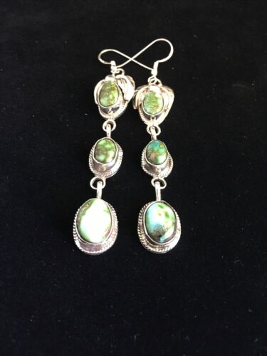 Navajo Green Sonoran Gold Turquoise 3Dangle Earrings | Sterling Silver | Authentic Native American Handmade | 1791
