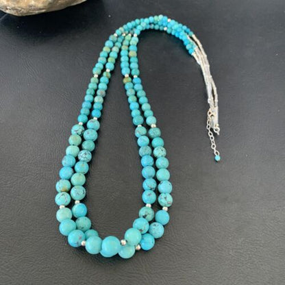 Navajo Blue Turquoise Bead Necklace | Sterling Silver | 25" | Authentic Native American Handmade | 11665 - Masha USA