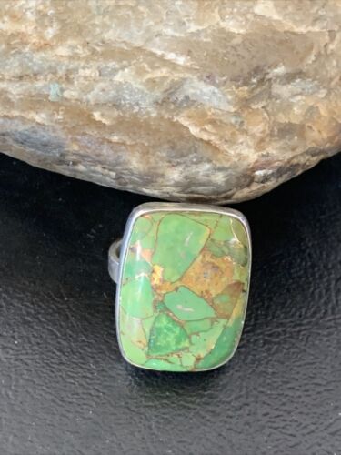 Adjustable Navajo Green Mojave Turquoise Ring | Sterling Silver | Sz 8 | Authentic Native American Handmade | 11785