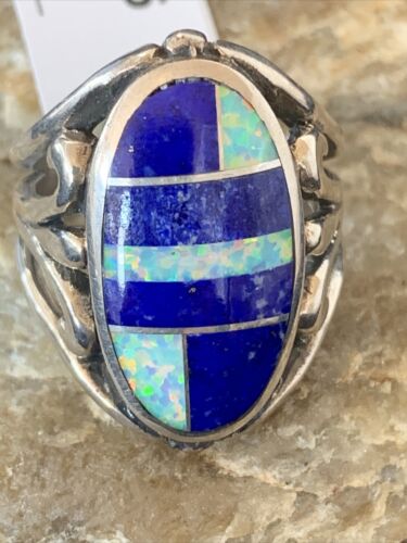 Southwestern Navajo Lapis & Opal Inlay Ring | Sterling Silver | Sz 7.5 | 1486