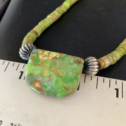 Navajo Green Gaspeite Turquoise Pendant | Sterling Silver | Authentic Native American Handmade | 13945