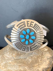 Navajo Sterling Silver Kingman Turquoise Cuff Bracelet | Men's Cluster | Blue | 1651