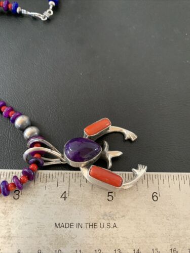 Navajo Sterling Silver Necklace with Purple Sugilite and Red Coral Naja Pendant | Authentic Native American Handmade | 02150