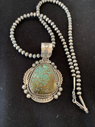 Men's Sterling Silver Turquoise #8 Pendant | Navajo Pearl Necklace | Authentic Native American Handmade | 207