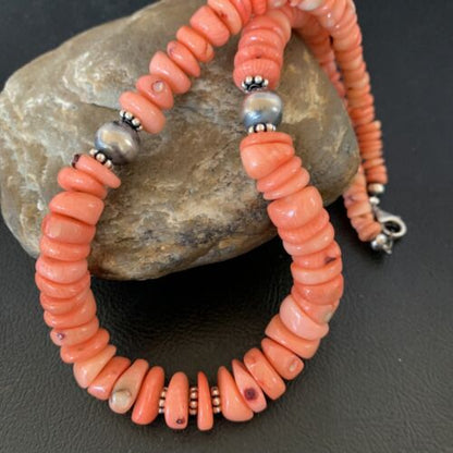 Native American Navajo Pink Coral Bead Necklace | Sterling Silver | 18" | 13231 - Masha USA