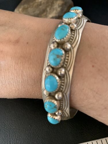 Men's Blue Kingman Turquoise Cuff Bracelet | Sterling Silver | 7 Stone | Authentic Native American Handmade | 14137 - Masha USA
