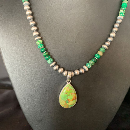 Navajo Pearls Green Mojave Turquoise Pendant Necklace | Sterling Silver | Native American Handmade | 13463