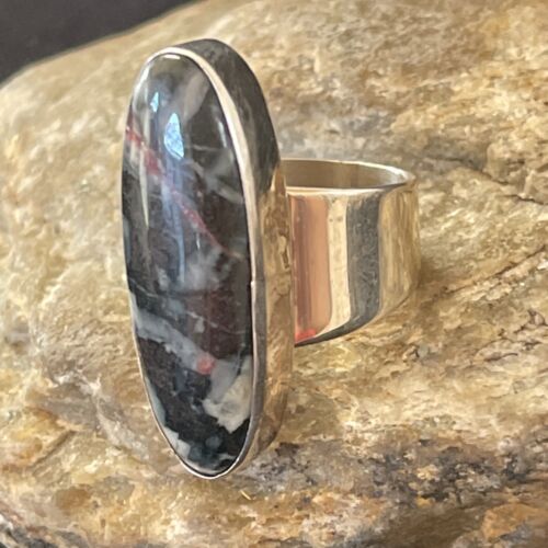 Native American Men's Cinnabrite Ring | Sterling Silver | White Black | Sz 7 | 1569