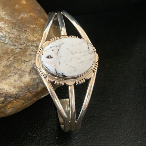 Navajo White Buffalo Turquoise Cuff Bracelet | Sterling Silver | Authentic Native American Handmade | 1389