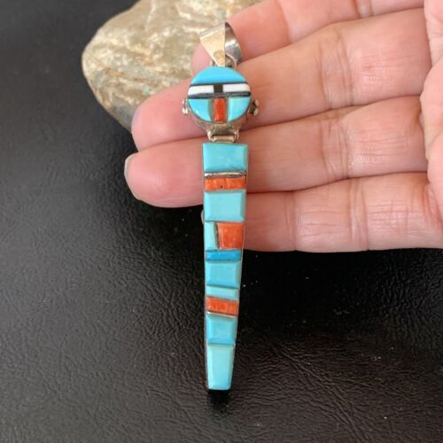 Navajo Blue Turquoise Spiny Inlay Pendant | Sterling Silver | Authentic Native American Handmade | 10881