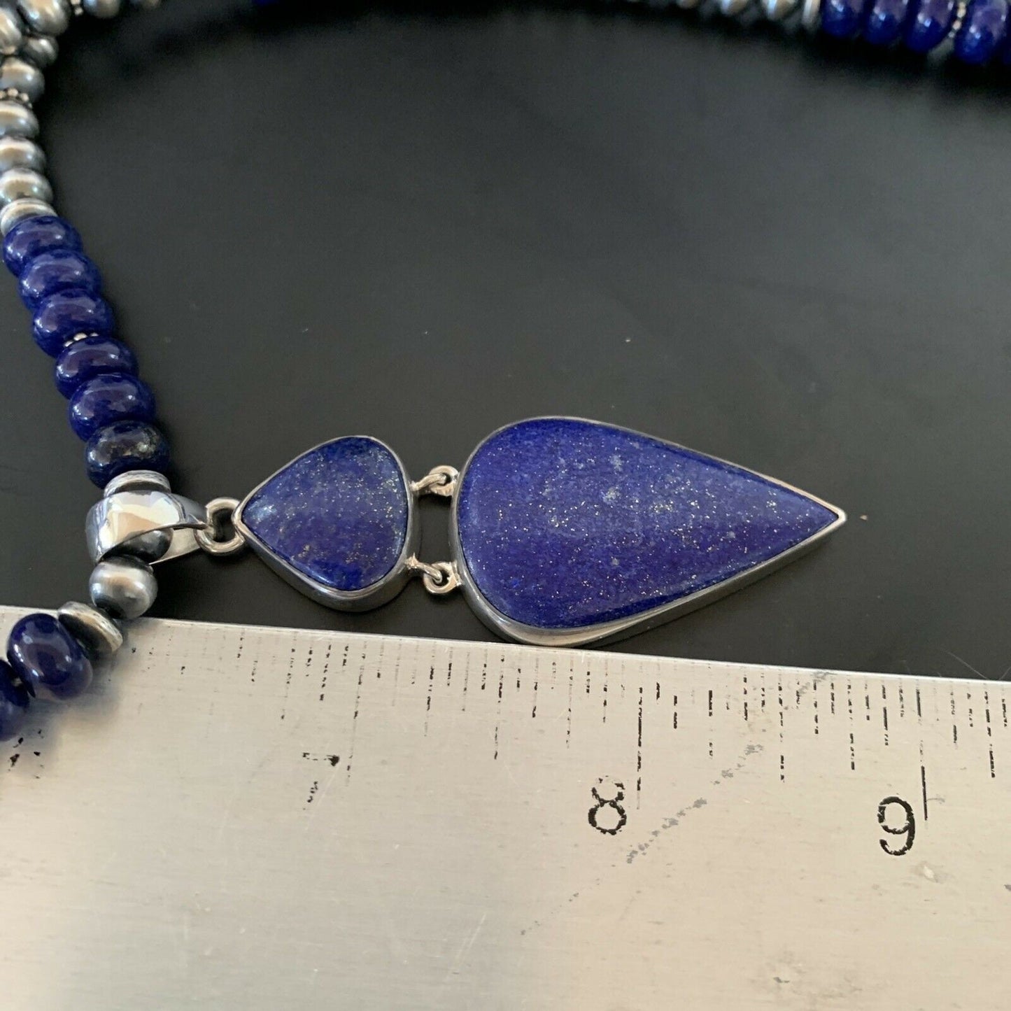 Navajo Sterling Silver Beads Necklace with Lapis Lazuli Pendant | 8mm | Authentic Native American Handmade | 11365