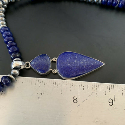 Navajo Sterling Silver Beads Necklace with Lapis Lazuli Pendant | 8mm | Authentic Native American Handmade | 11365