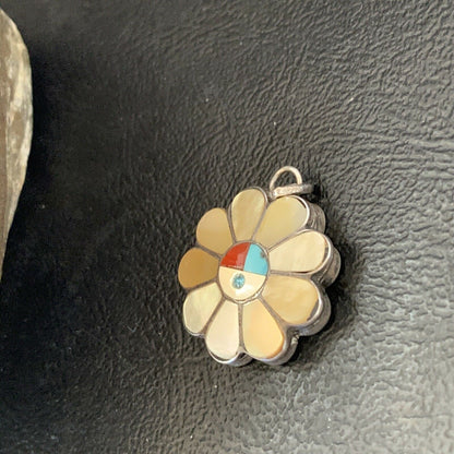 Zuni Sunface Pendant | Yellow White Mother of Pearl Coral Inlay | Sterling Silver | 2 Sided | 1683