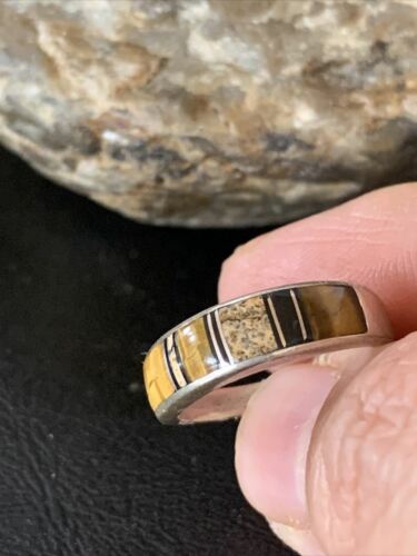 Navajo Black Onyx Coffee Tiger's Eye Inlay Ring | Sterling Silver | Sz 6.5 | 10794