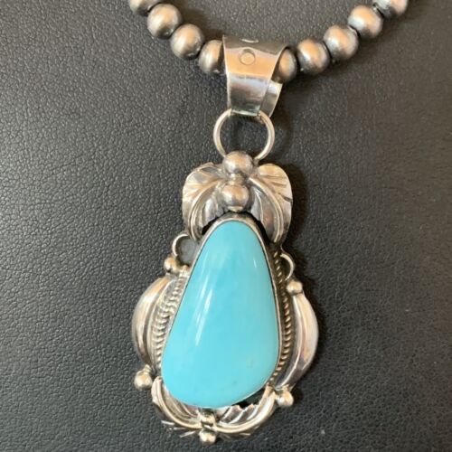 Men's Navajo Pearls Necklace with Blue Kingman Turquoise Pendant | Sterling Silver | Native American Handmade | 12592