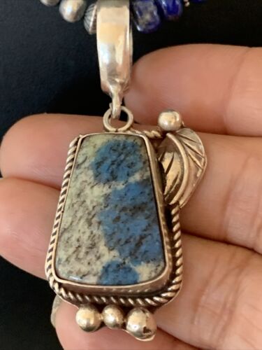 Men's Navajo Pearls Lapis Necklace with Azurite Pendant | Sterling Silver | Authentic Native American Handmade | 01931
