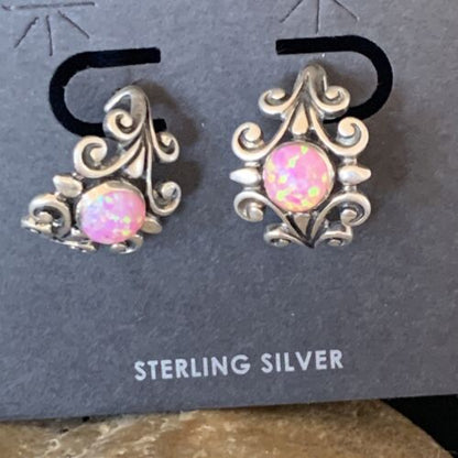 Native American Women's Navajo Hoop Earrings Set | Sterling Silver Pink Opal | 12764