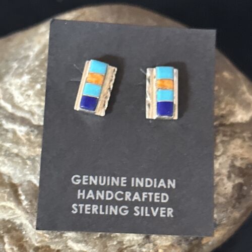 Navajo Multi-Color Turquoise Spiny Lapis Inlay Earrings | Sterling Silver | Authentic Native American Handmade | 14652