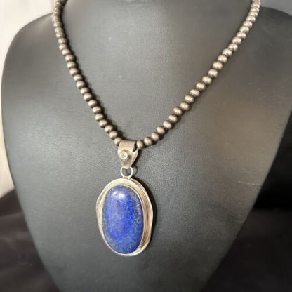 Native American Men's Navajo Pearls Necklace Pendant | Sterling Silver Lapis | 14466