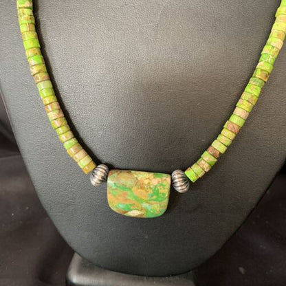 Navajo Green Gaspeite Turquoise Pendant | Sterling Silver | Authentic Native American Handmade | 13945