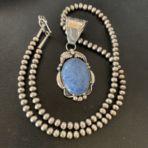 Navajo Denim Lapis Necklace with Pendant | Sterling Silver | Authentic Native American Handmade | 12437